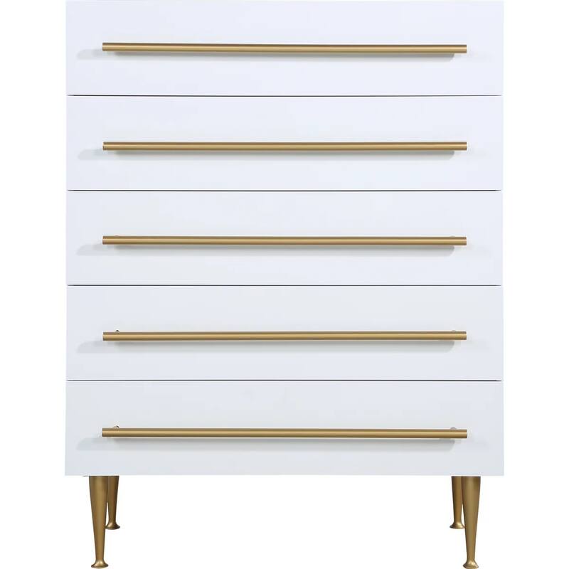 Contemporary White 5-Drawer Chest, Gold Accent Wooden Dresser Unit - White