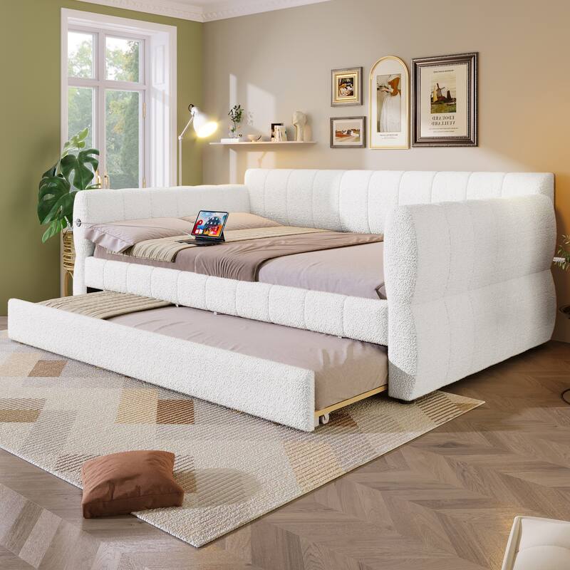 Queen Size Upholstered Daybed with USB and Optional Platform Storage Bed with 2 Drawers or Low Profile Sofa Bed with Trundle Bed