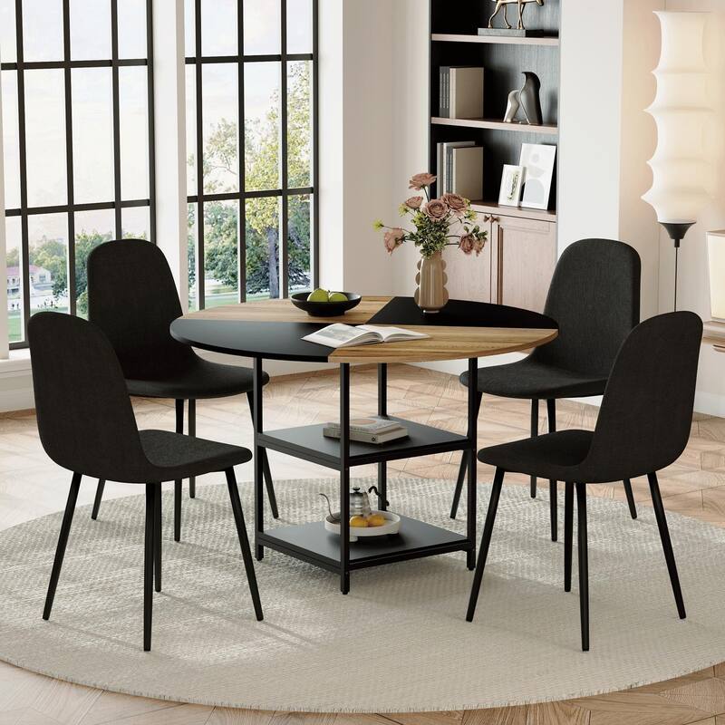 5-Piece Round Dining Table with Double Layer Storage, Wood and Black Fan Panels, Ergonomic Fabric Chairs, Anti-Slip Feet
