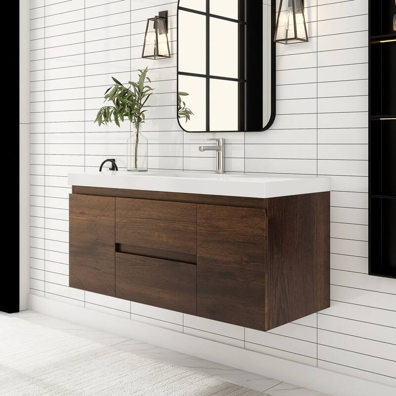 MDF Wall-Mounted Bathroom Vanity Set in Rose Wood with Integrated Culture Marble Sink
