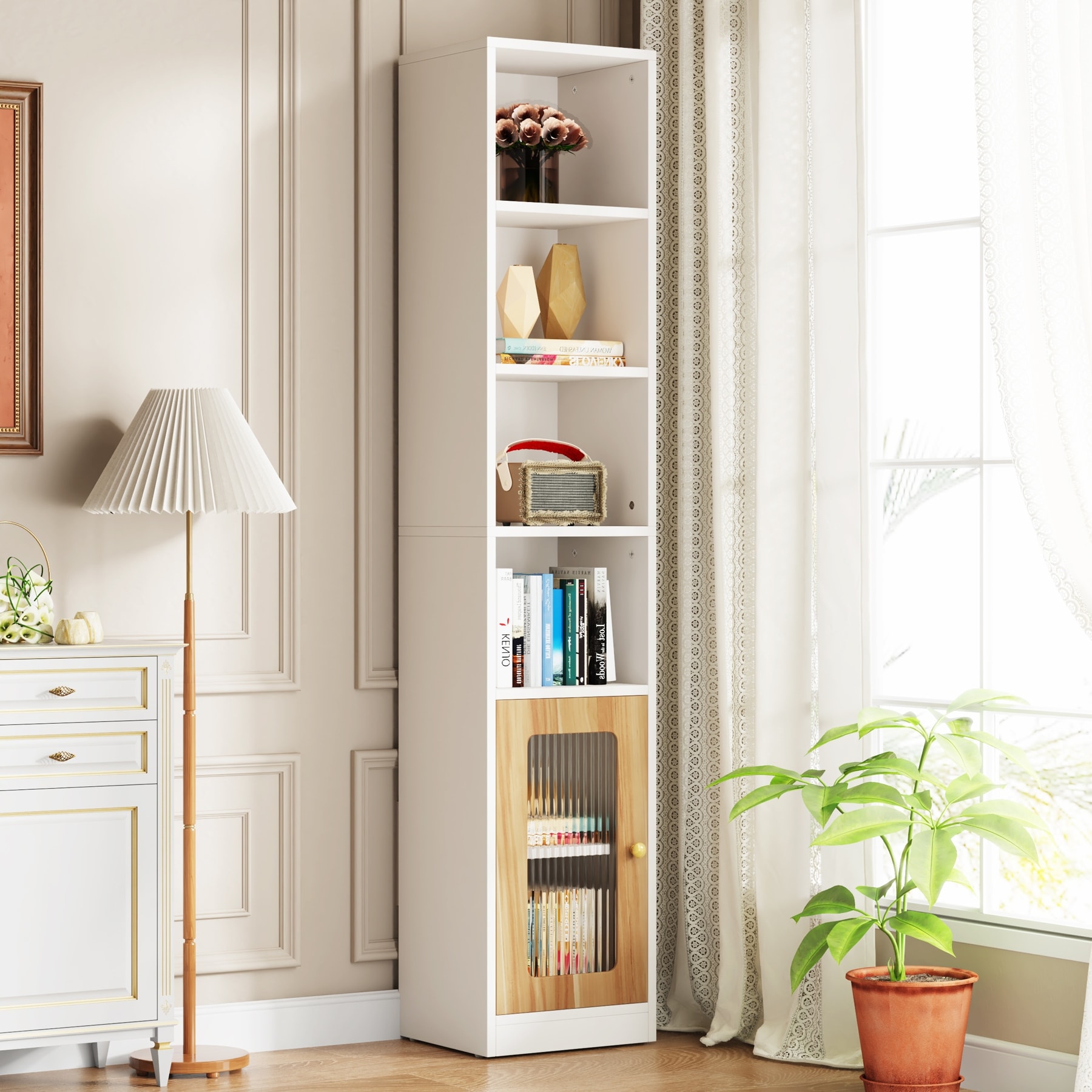 79 Inch Narrow Cube Bookcase with Door 6 Tier Modern Skinny Bookshelf Bed Bath Beyond 37744726