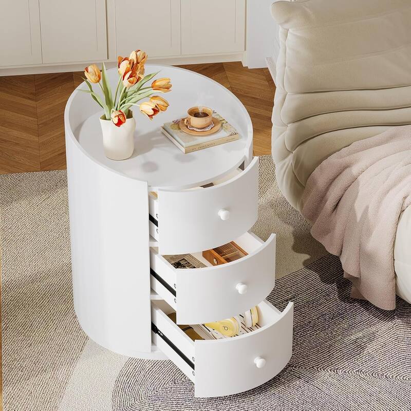 White Modern Wood Round End Sofa Side Table with 3 Drawers, Fully Assembled Nightstand
