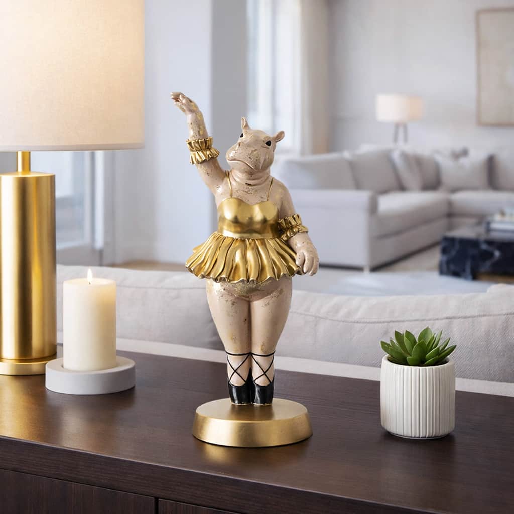 Decorative Ballerina Resin Hippo Figurine with Base - 16", Gold & Gray - 15.75"