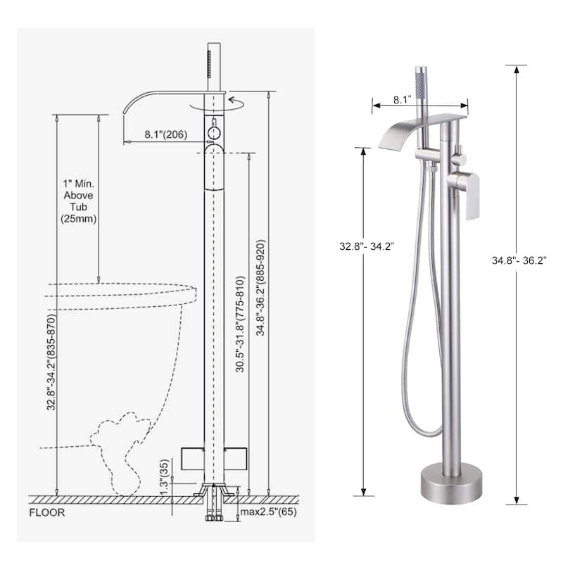 WOWOW Single-Handle Freestanding Waterfall Tub Faucet with Handshower