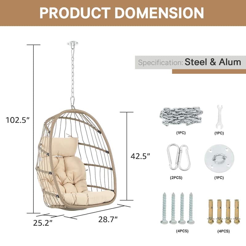 Hanging Egg Chair Without Stand, Indoor/Outdoor Foldable Rattan Swing