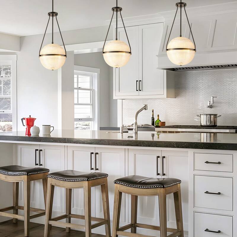 3-Light 13.78" Black/Gold Mid-Century Modern Grid Glass Globe Bubble Pendant Light Kitchen Island Lighting