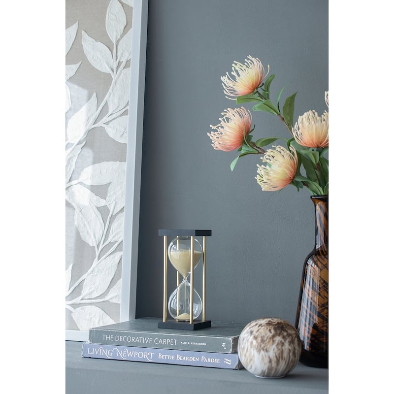 3x3x7" Spellman 15-minute Hourglass, framed with an Metal stand, Tan