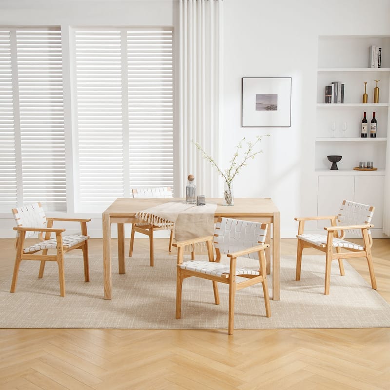 Woven Leather Dining Chairs with Solid Wood Frame - 29.7"H x 21.7"W x 22.8"D