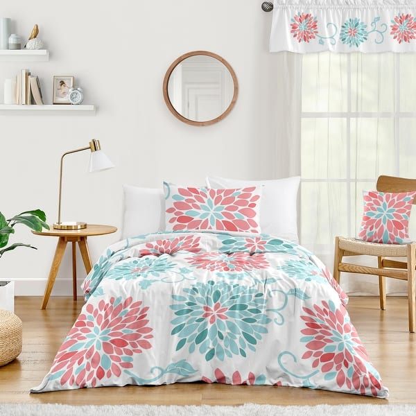 slide 2 of 6, Sweet Jojo Designs Emma Girl Twin 2-piece Comforter Set - Coral and Turquoise Blue Floral Flower Blossom Shabby Chic Elegant