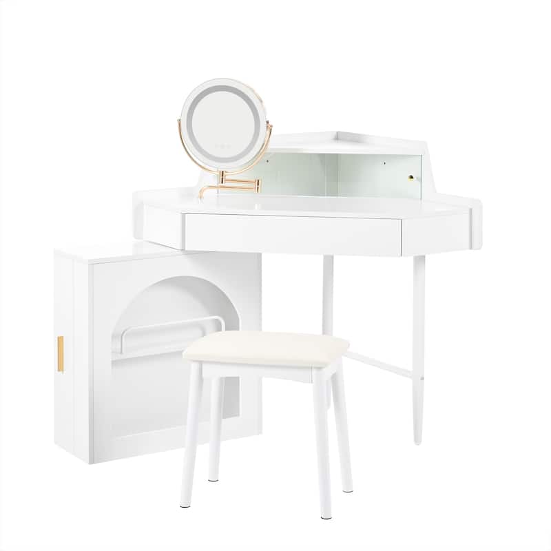 Corner Makeup Vanity Desk With Mirror & LED Lights