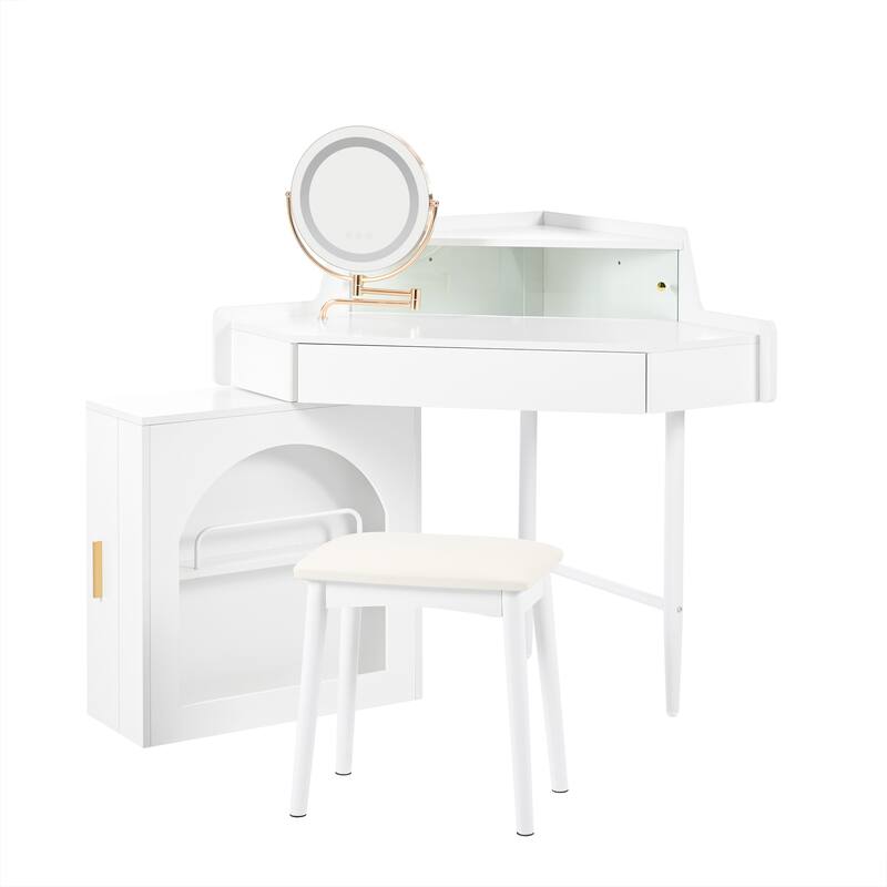 Corner Vanity Desk with Mirror & Lights, Wood Fluted Makeup Vanity Desk, Dressing Table with Large Storage Space
