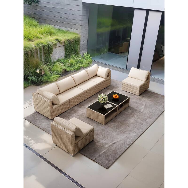 8-Piece Patio Furniture Set, All-Weather Boho Outdoor Conversation Set Sectional Sofa with Water Resistant Khaki Thick Cushions - Light Khaki+Beige
