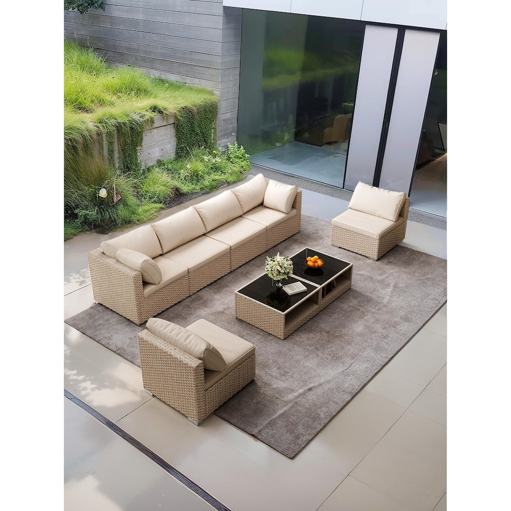 8-Piece Patio Furniture Set, All-Weather Boho Outdoor Conversation Set Sectional Sofa with Water Resistant Khaki Thick Cushions