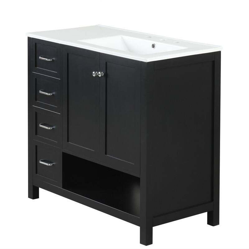 36"W Bathroom Vanity with Ceramic Top, Bathroom Vanity with Drawer Divider, Freestanding Cabinet with Open Shelf
