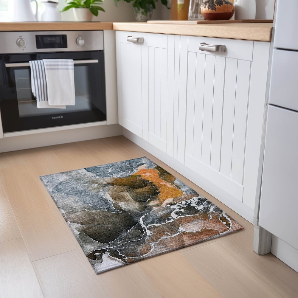 Machine Washable Indoor/ Outdoor Chantille Abstract Orange Rug