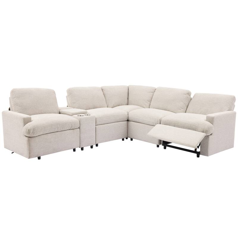 104" Linen Recliner Sectional Sofa (4-Seater) with Storage, USB & Cup Holders