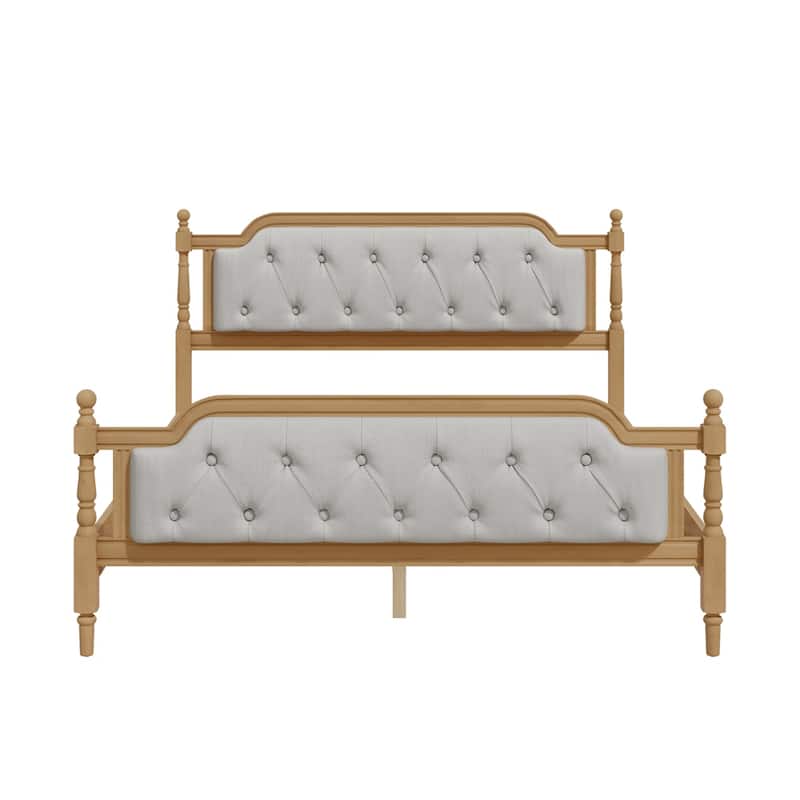 Traditional Style Solid Wood Bed Frame w/Upholstered Tufted Headboard