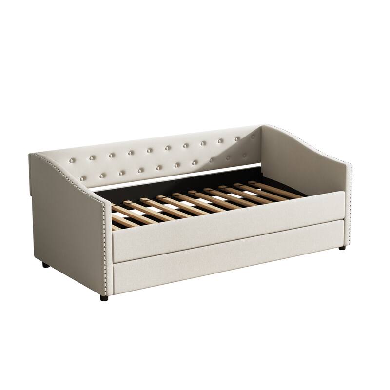 Linen Tufted Daybed with Trundle, Upholstered Platform Sofa Bed Frame, Wooden Slat Support