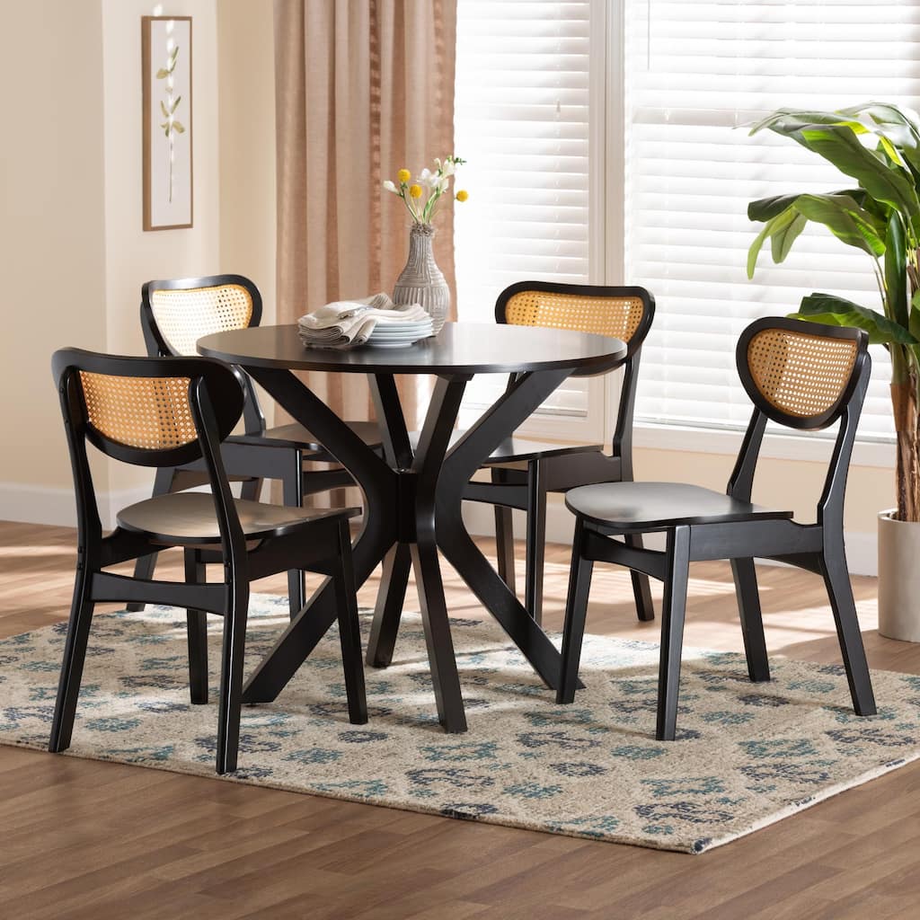 Giuliana Mid-Century Wood and Woven Rattan 5-Piece Dining Set