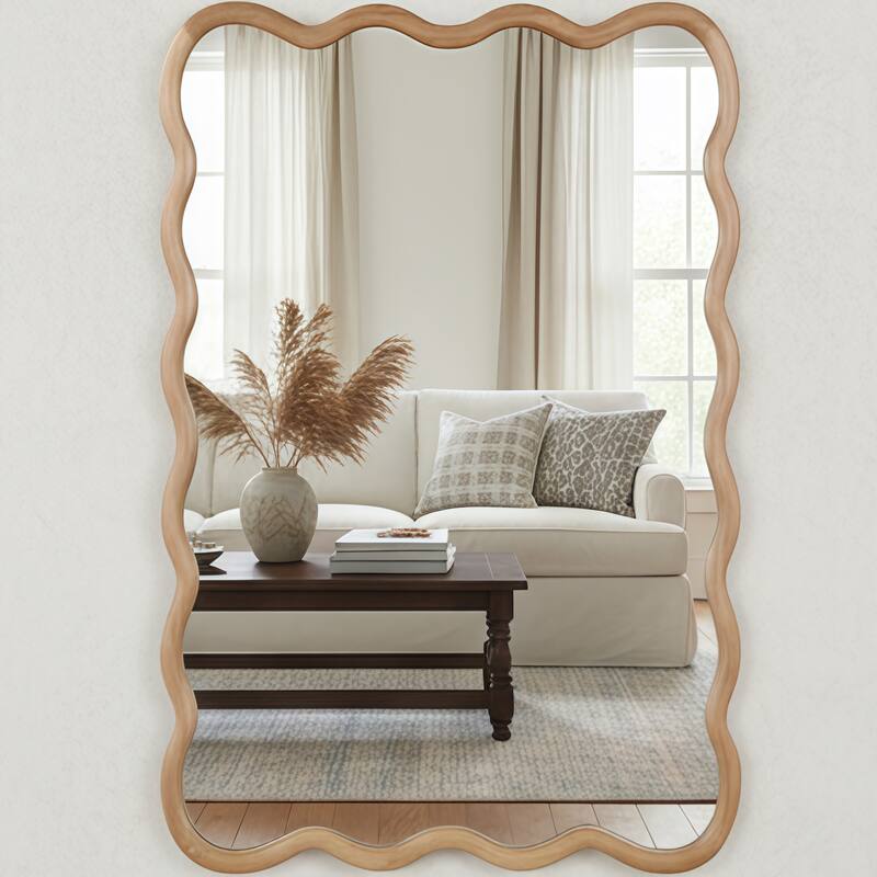 Wavy Rectangle Solid Wood Frame Decorative Mirror - Natural