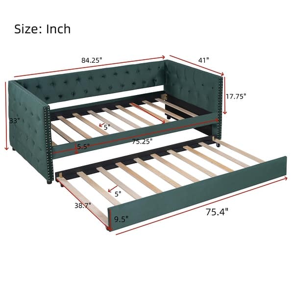 dimension image slide 1 of 3, Velvet Tufted Daybed with Trundle, Rivet Design, Twin Size