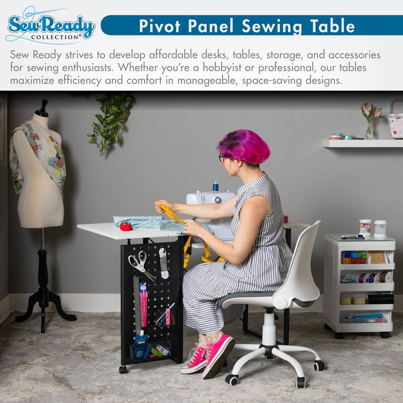 Sew Ready Pivot Sewing Table with Folding Top Adjustable Platform and Storage Peg Panel