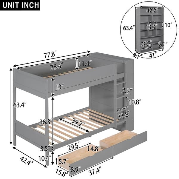 Grey Wood Bunk Bed With 2 Drawers and Multi-layer Cabinet, Full-length Guardrail