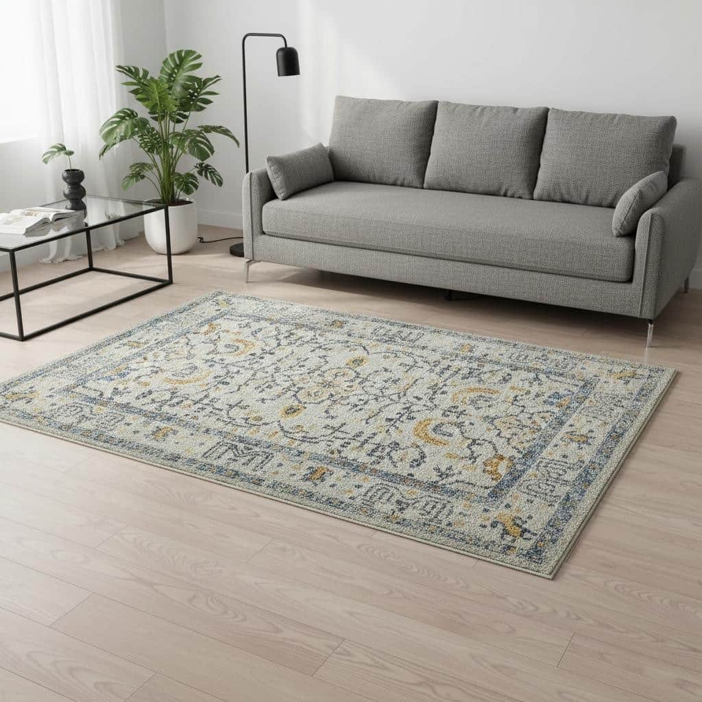 HomeRoots 5' X 8' Ivory And Yellow Oriental Distressed Area Rug - 90.00 in. x 63.00 in. x 0.38 in.