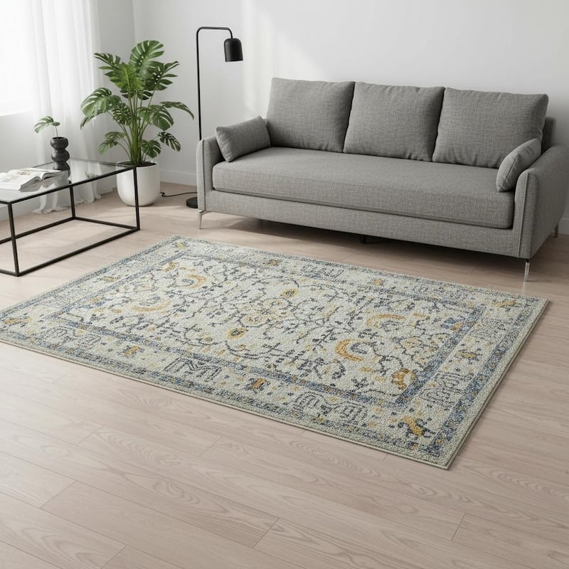HomeRoots 5' X 8' Ivory And Yellow Oriental Distressed Area Rug - 90.00 in. x 63.00 in. x 0.38 in.