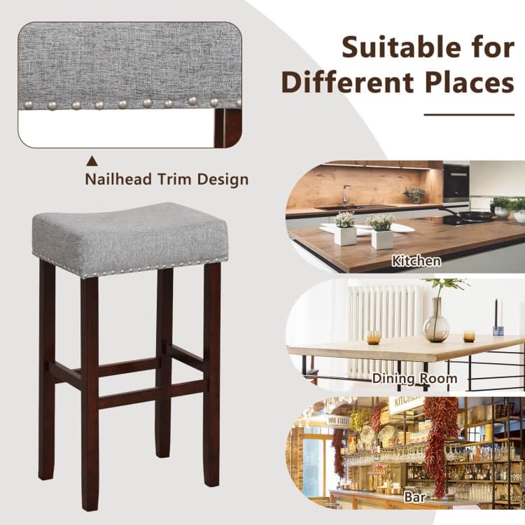2 Set of 29 Inch Height Upholstered Bar Stool with Solid Rubber Wood Legs and Footrest - 17" x 13" x 29.5" (L x W x H)