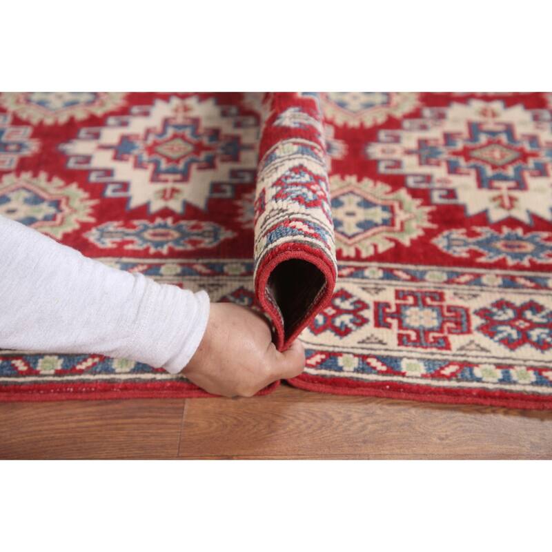 Hand Knotted Oriental 100% Wool Carpet Traditional Geometric Red Kazak Runner Rug - 7' 7'' X 2' 9''