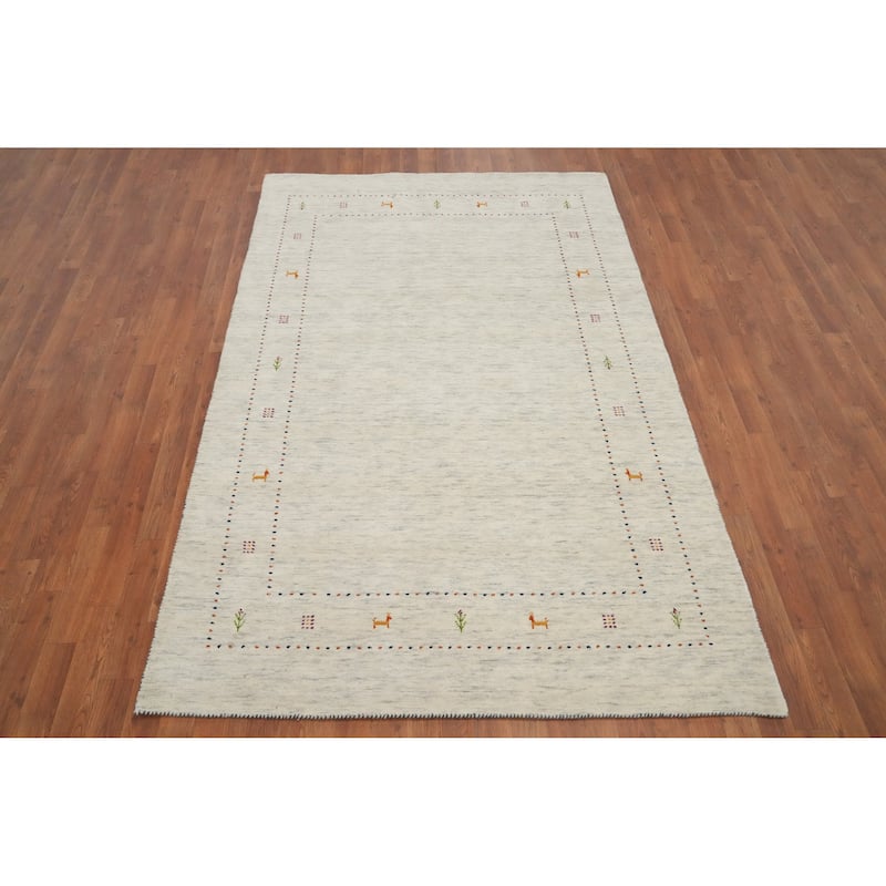 Hand Knotted Oriental 100% Wool Carpet Tribal Animal Pictorial Beige & Ivories Gabbeh Area Rug - 7' 9'' X 5' 0''