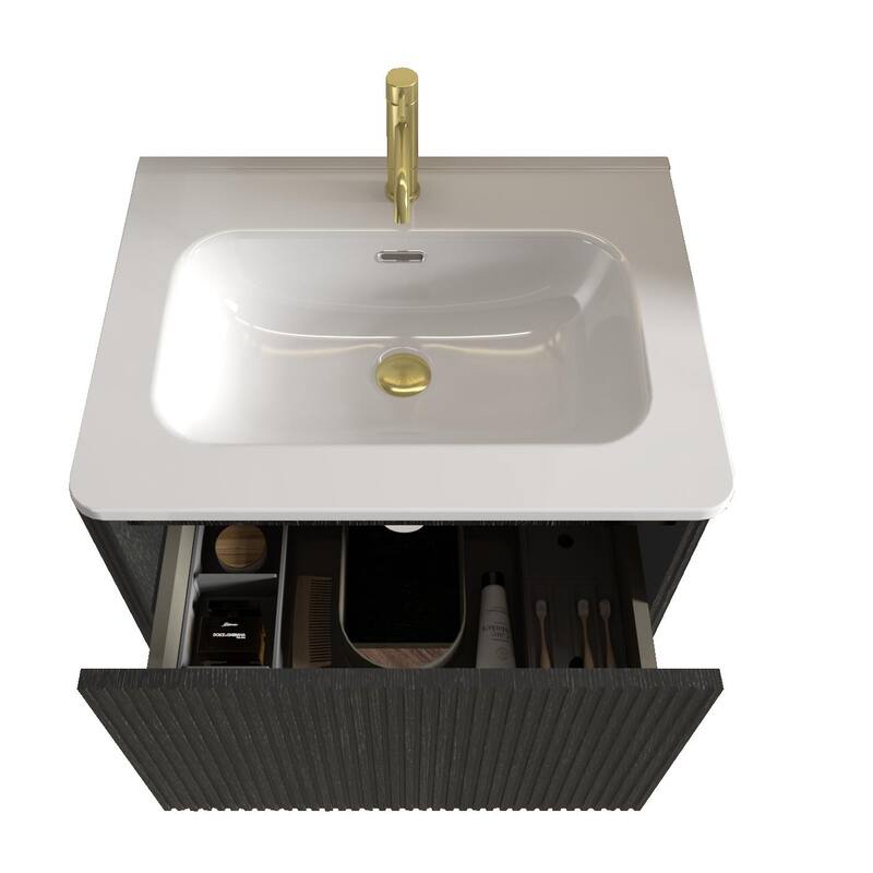 36" Etna Floating Vanity with White Ceramic Sink, Striped Black Oak Texture, Curved Edges