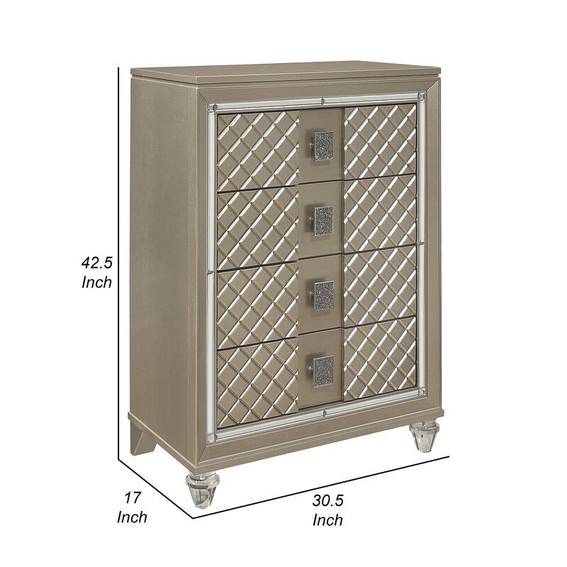 Loy Tall Dresser Chest, 4 Drawers Champagne Gold Metallic, Mirror Trim