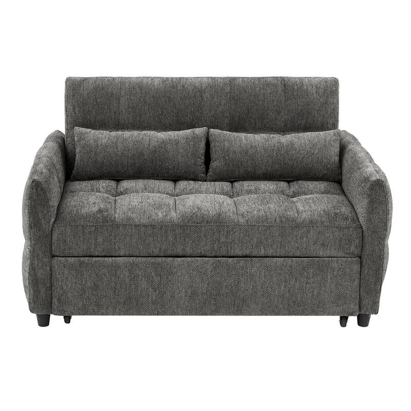 Chenille Loveseat Sofa Pull-out Sofa Bed, Upholstered Futon Sofa Adjustable Backrest Lounge Couch w3 USB Ports & 2 Pillows