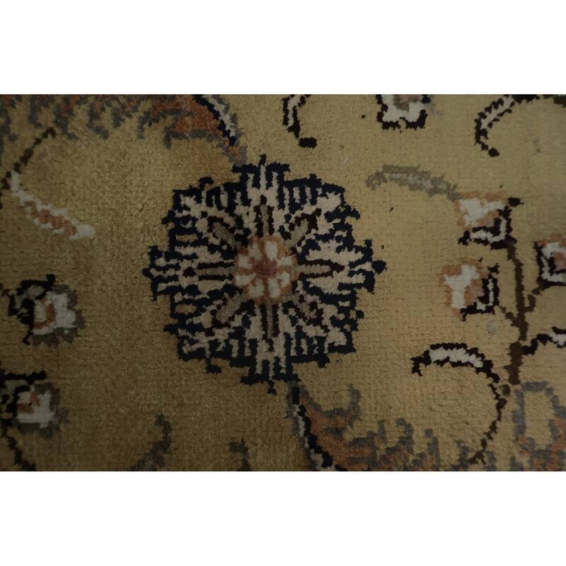 Hand Knotted Oriental Silk Carpet Traditional Floral Beige & Ivories Kashmir Area Rug - 8' 11'' X 6' 1''