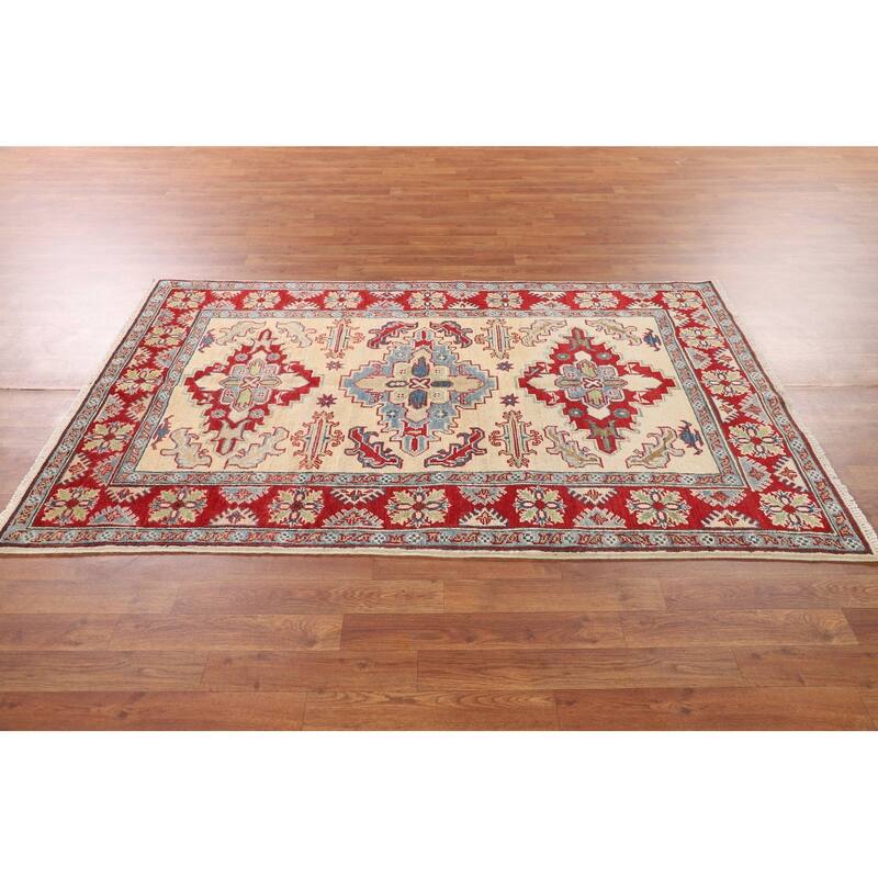 Kazak Oriental Area Rug Handmade Beige Geometric Wool Carpet - 4'0" x 6'5"