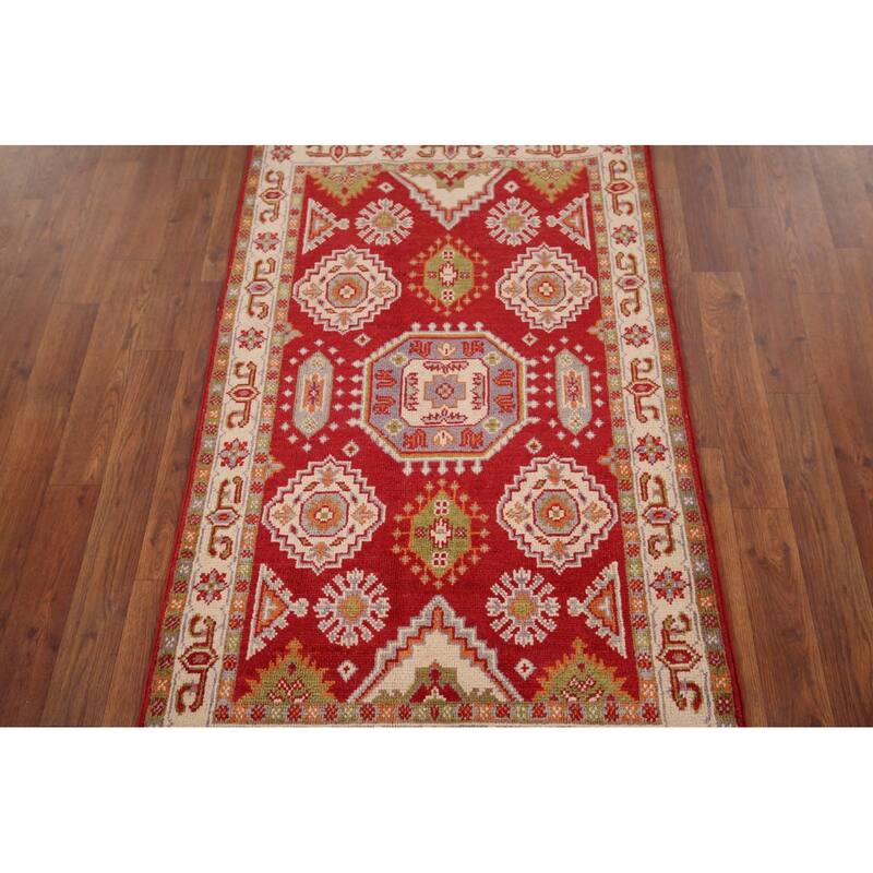 Geometric Red Kazak Accent Rug Hand-Knotted Oriental Wool Carpet - 2'7" x 4'1"