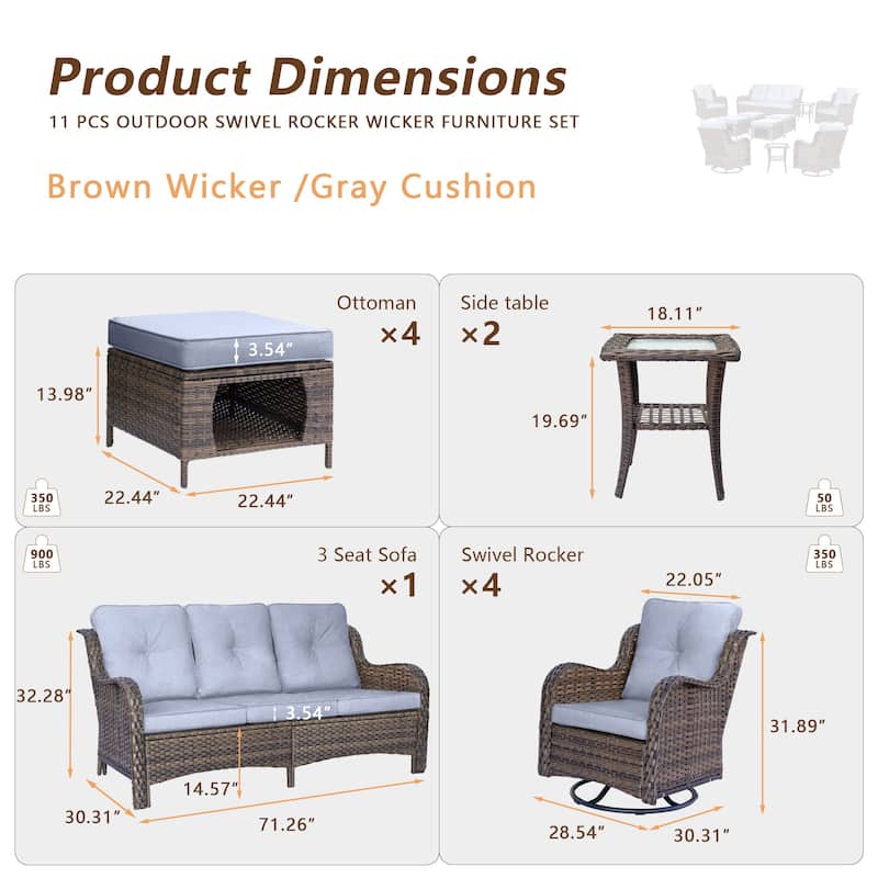 11 Piece Rattan Wicker Outdoor Patio Furniture with Swivel Chairs Set