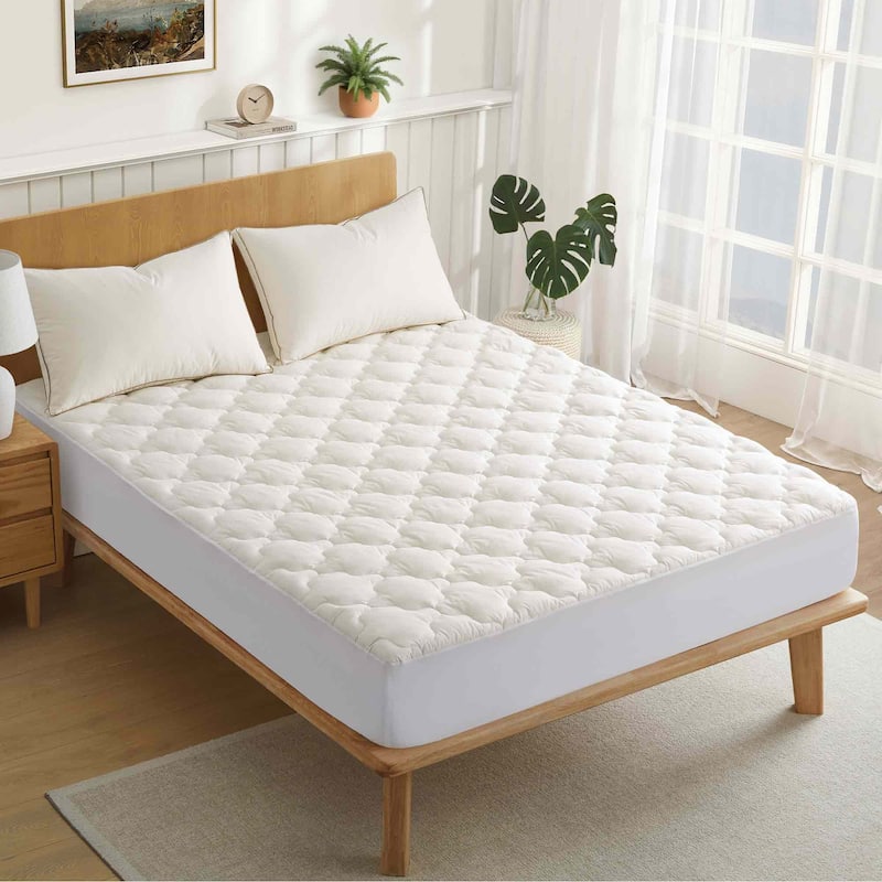 Organic Cotton Waterproof Quilted Mattress Pad, Fitted Stretchy Side Skirt Fits up to 18" - Off-white/White
