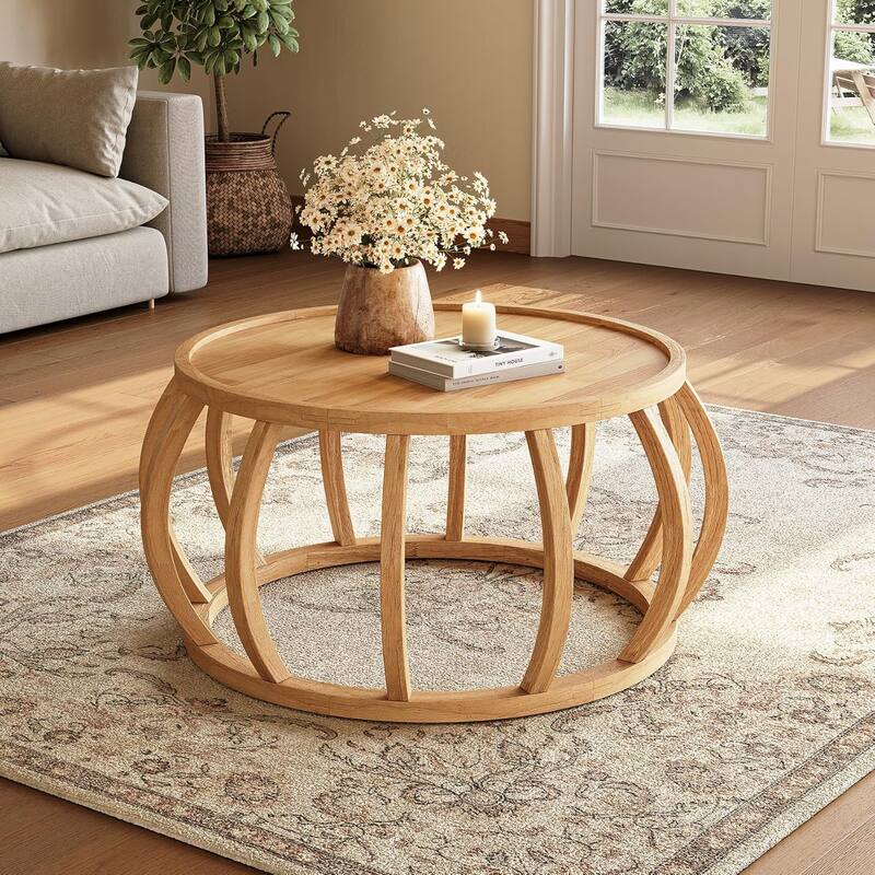 Solid Wood Round Coffee Table, 31.5-Inch Center Table for Living Room, Easy Assembly, Natural