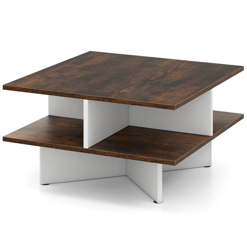2-Tier 24” Square Wooden Living Room Coffee Table with 4 Storage Compartments and Cross Base - 24" x 24" x 13"
