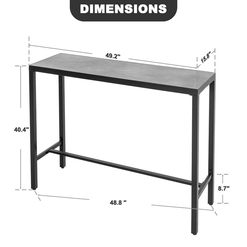 Outdoor Iron Rectangular Bar Table with 3D-Print Tempered Glass Tabletop, Black and Gray