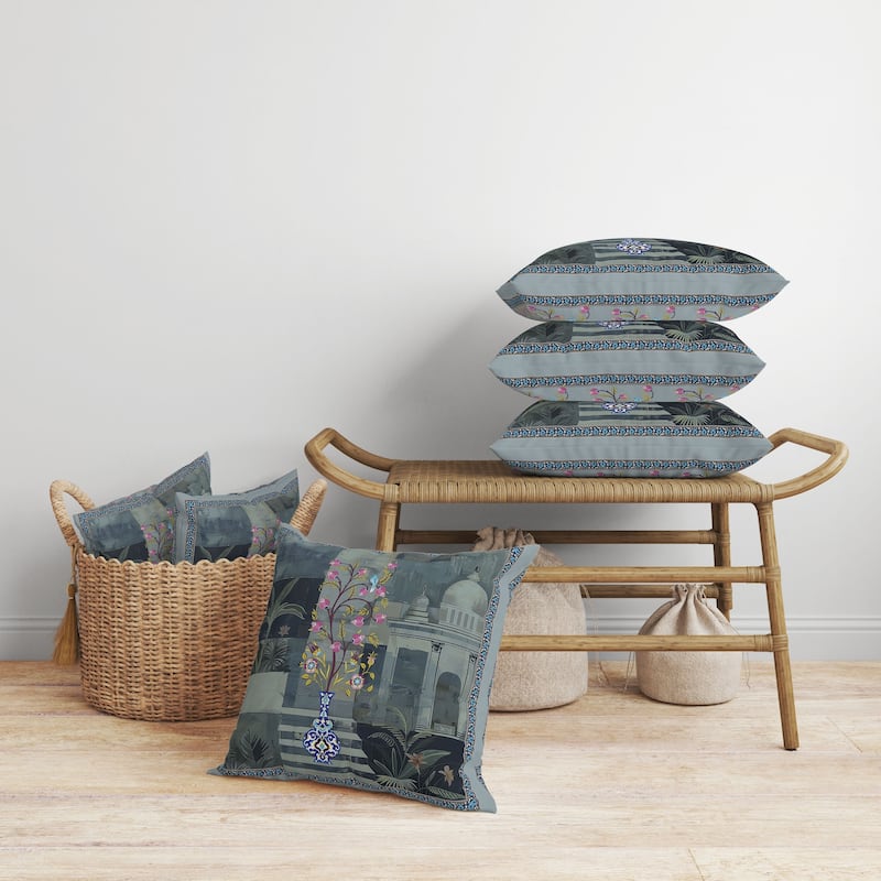 Shahi Garden Bloom Faux Suede Reversible Throw Pillow Blue and Green