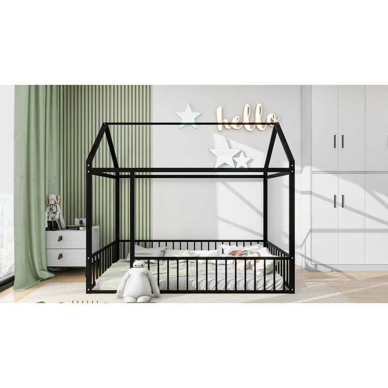 Twin Size Metal Bed House Bed Frame with Fence