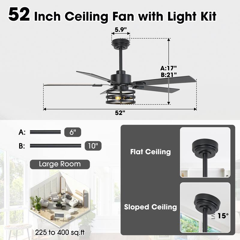Vaczon 52" Industrial Reversible Wood 5-Blade Black Ceiling Fan with Light and APP Control