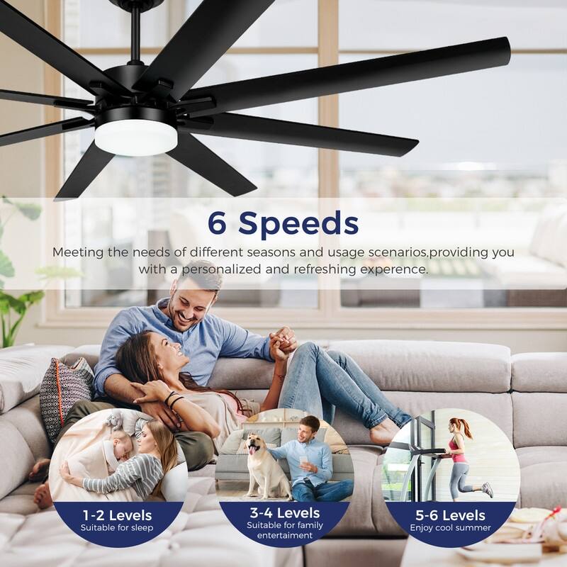 72 in. Indoor Black Large Industrial Ceiling Fans with Lights and Remote Control, Reversible, 8 Aluminum Blades