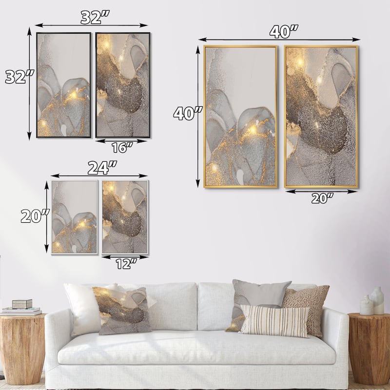 Designart "Grey & Gold Marble Liquid Art I" Abstract Framed Art Set of 2 Pieces