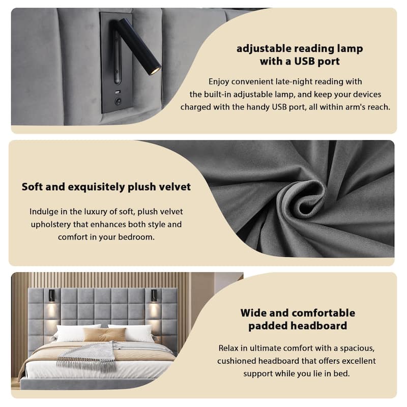 King Size Velvet Upholstered Bed Frame with Wide Headboard, Wall Sconce Reading Light & USB Port, No Box Spring Needed