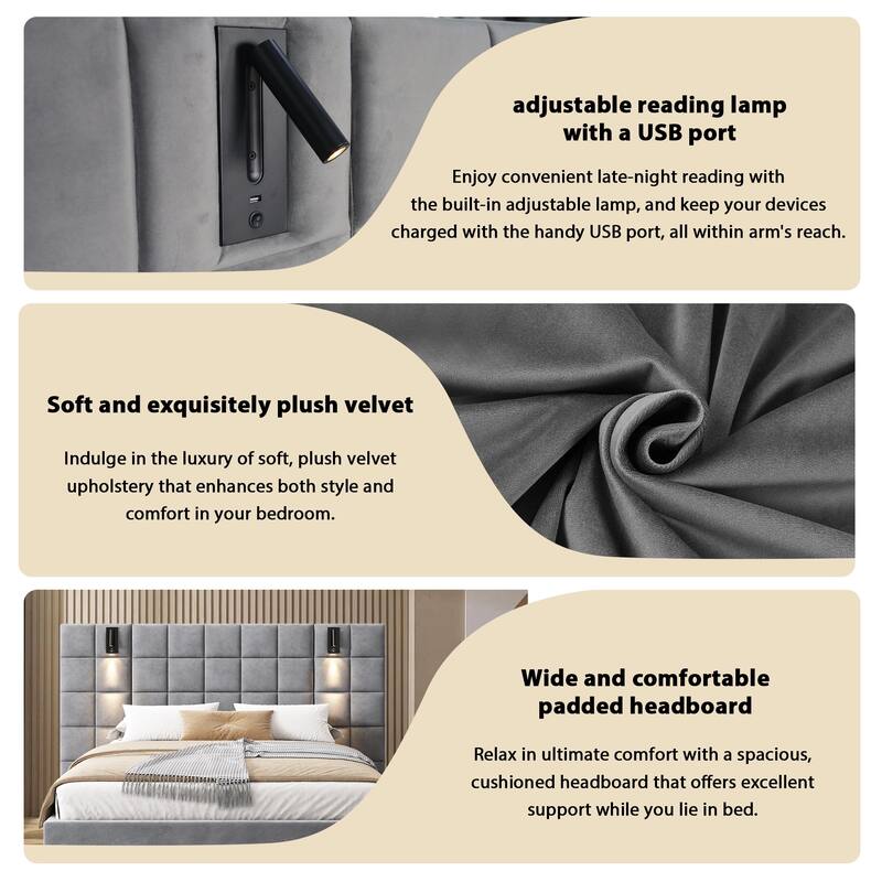 Modern Upholstered Wingback Bed Frame with Wide Headboard, Adjustable Reading Lamp & USB Port, No Box Spring Needed, Velvet,Gray
